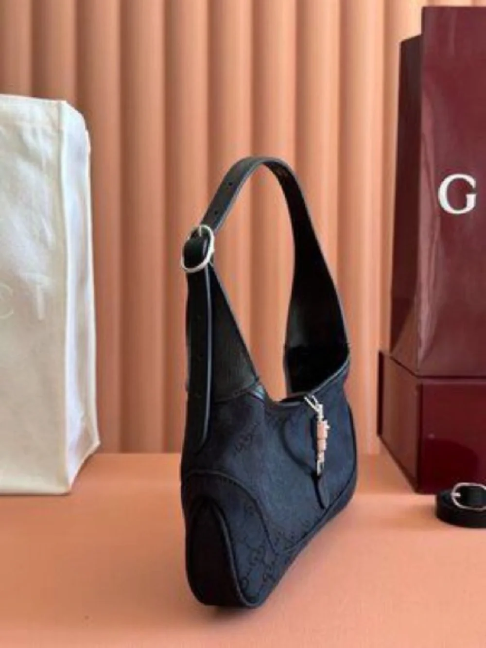 GUCCI Jackie Slim Medium Shoulder Bag Black Canvas with Diamond‑Quilted Pattern